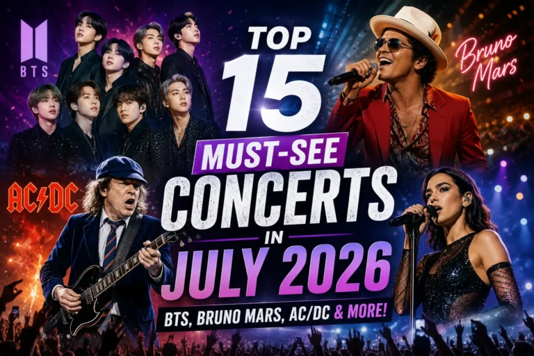 Summer 2026 concert lineup featuring BTS Bruno Mars and AC/DC on massive stadium stages