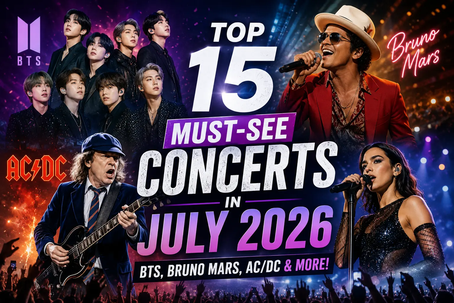 Summer 2026 concert lineup featuring BTS Bruno Mars and AC/DC on massive stadium stages